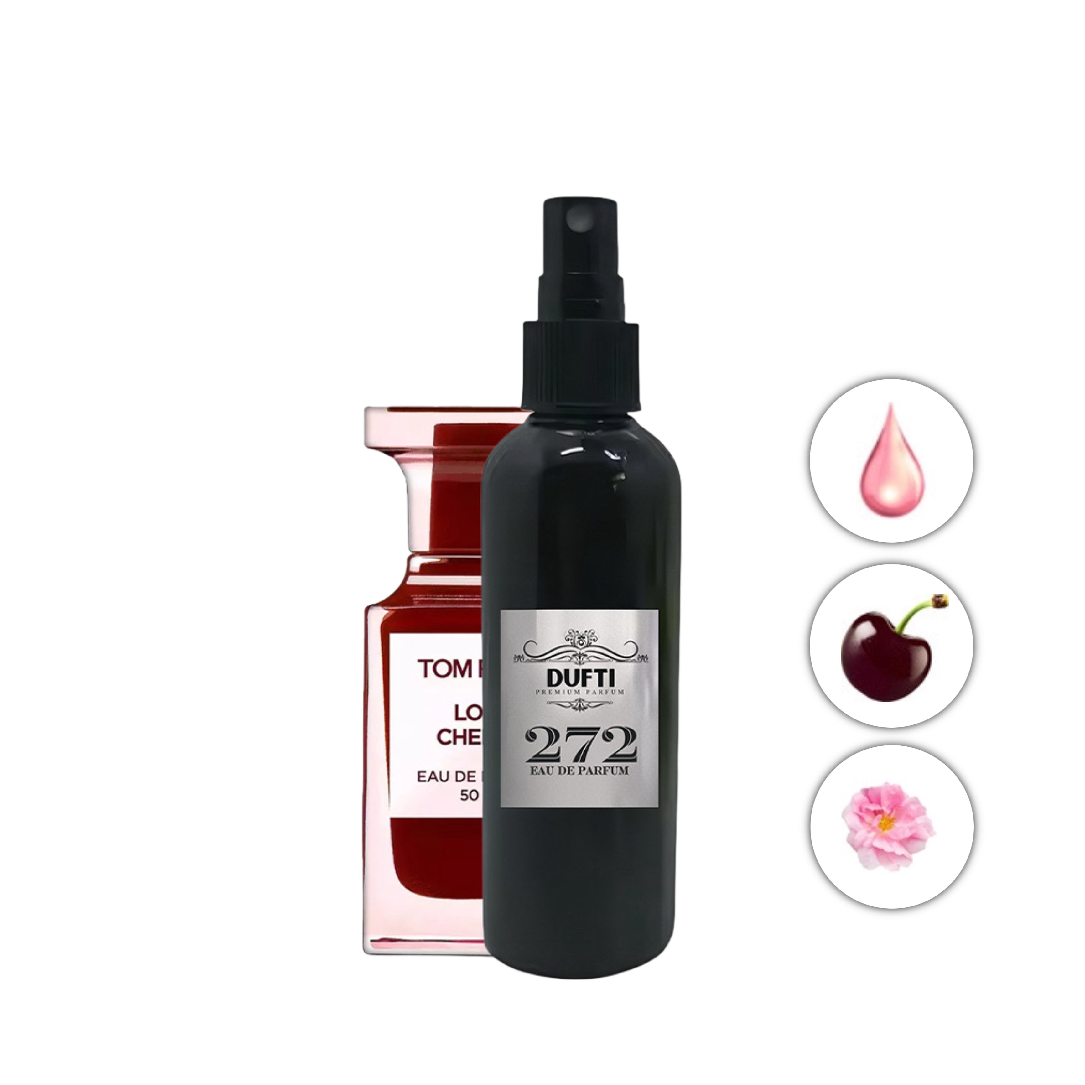 "272 | riecht wie Lost Cherry" von Dufti – Ein exquisiter Duftzwilling, inspiriert von dem berühmten Lost Cherry. Mit einer verlockenden Mischung aus saftiger Kirsche und süßem Vanille-Akzent bietet dieser Duft die perfekte Parfum-Dupe-Alternative für Liebhaber fruchtig-süßer Dufterlebnisse. Entdecke mehr auf dufti.store.