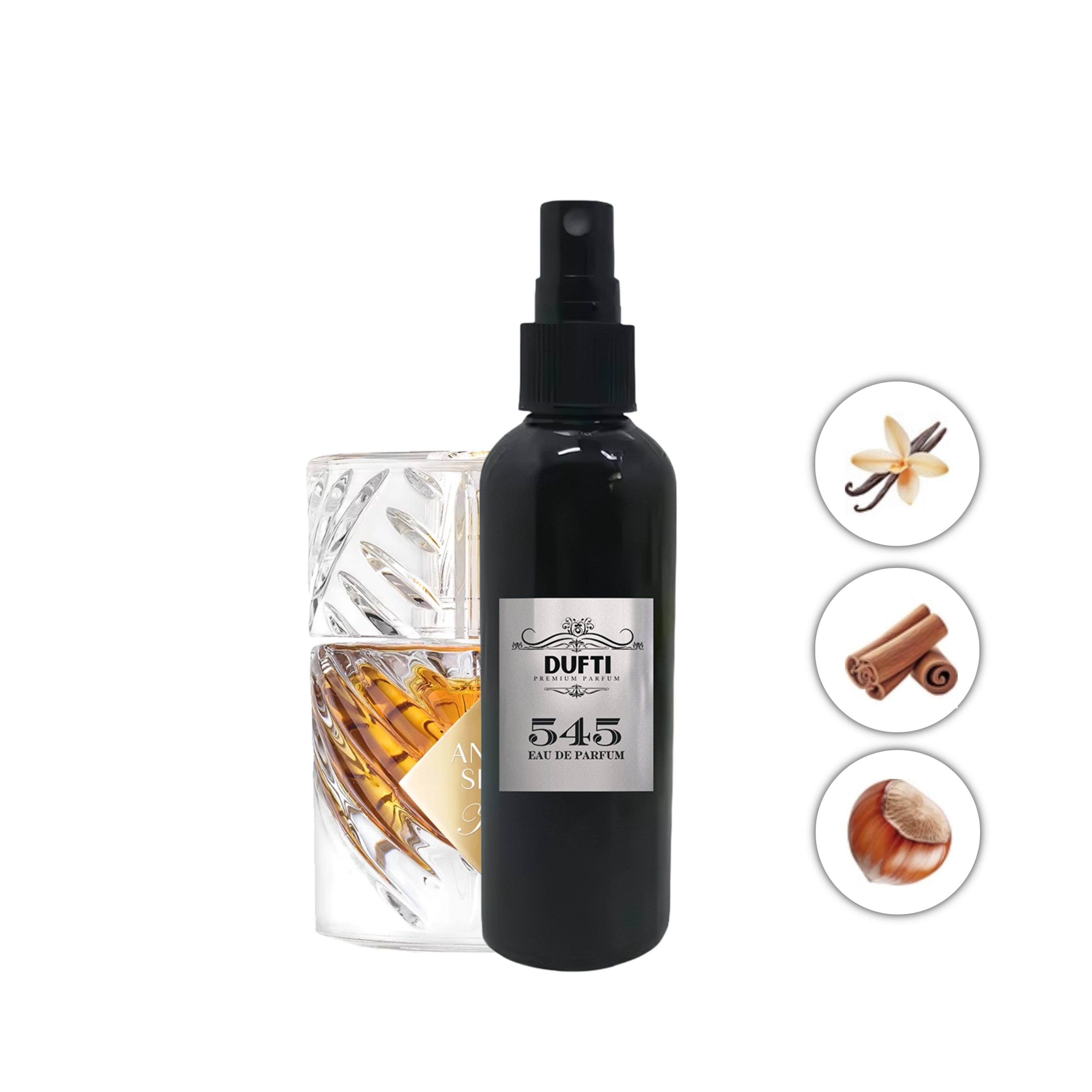 "545 | riecht wie Angels' Share" von Dufti – Ein edler Duftzwilling, inspiriert von Angels' Share. Mit einer warmen, sinnlichen Mischung aus Cognac, Vanille und Eiche bietet dieser Duft die perfekte Parfum-Dupe-Alternative für Liebhaber luxuriöser, holziger und süßer Düfte. Entdecke mehr auf dufti.store.